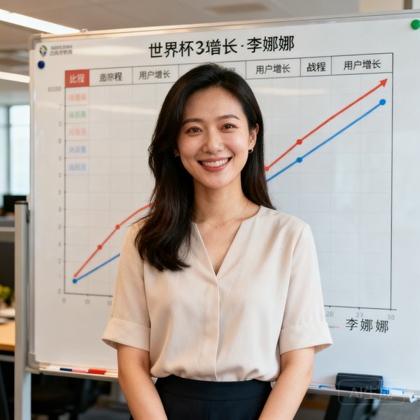 运营总监李娜娜的头像照片，32岁女性，笑容亲和，站在办公室白板前，白板上画着世界杯赛程的用户增长曲线图。